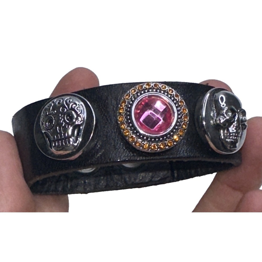 GingerSnaps Bracelet Day of Dead Pink Crystal Black Leather Wrap Skull Silver